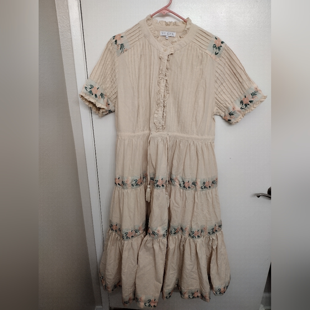 Ivy City Co Cream Tiered Embroidered Midi Dress with Green & Peach Accents